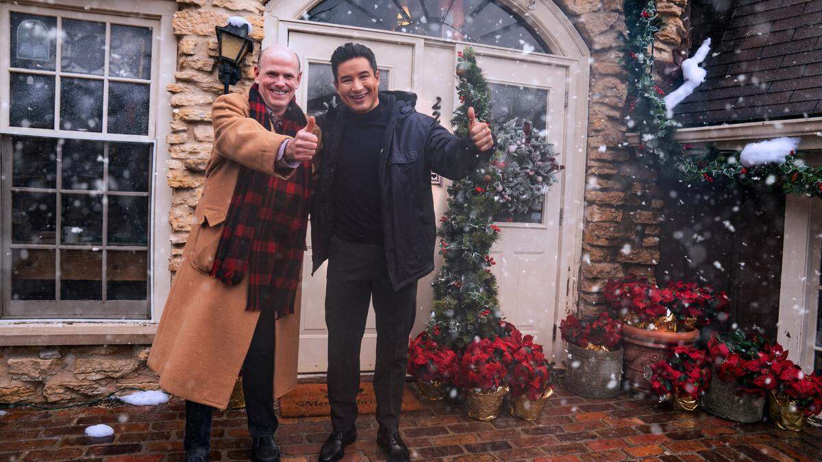 Great American Media CEO Bill Abbott and actor Mario Lopez on set of the film, “My Grown Up Christmas”.