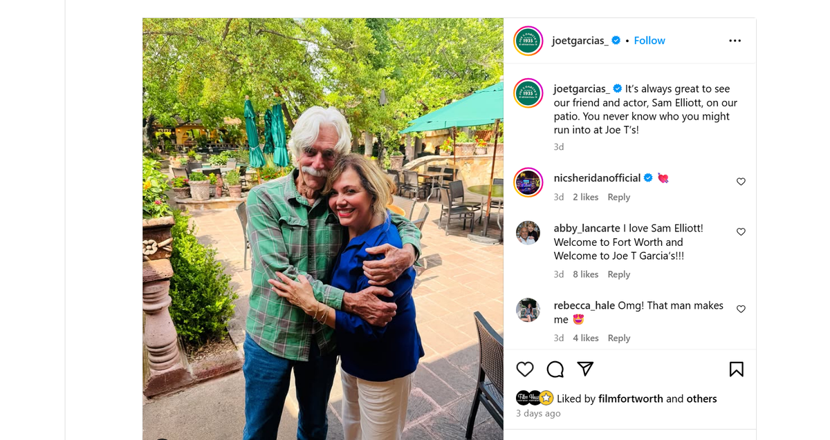 “Landman” star Sam Elliott with Zurella Lancarte at Joe T. Garcia’s in Fort Worth.
