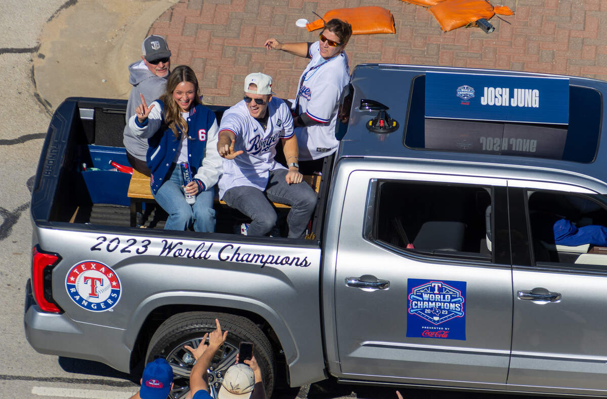 Texas Rangers third baseman Josh Jung during the World Series parade Friday, Nov. 3, 2023, in Arlington.