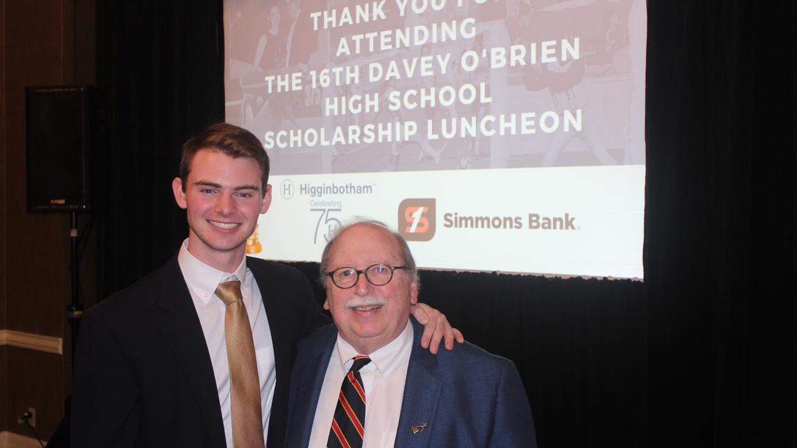 Fort Worth Country Day senior Rob Batton (left) pictured with David O’Brien Jr. after Batton won the 2022 Davey O’Brien high school scholarship award at The Fort Worth Club on Tuesday Jan. 17, 2023.