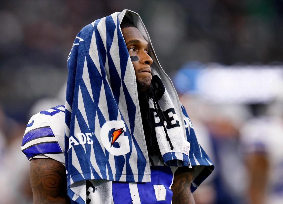 Dallas Cowboys wide receiver CeeDee Lamb reacts on the sidelines during the final minutes of their loss against the Philadelphia Eagles on Sunday, Nov. 10, 2024, at AT&T Stadium.