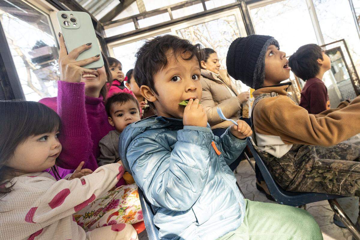 Mark Isarraraz, 3, eats a spinach leaf during class at the Curious Farm House in Godley on Wednesday, Dec. 10, 2025. The Curious Farmhouse is a nature-based, bilingual space where children learn farming, nutrition and hands-on skills through gardening.