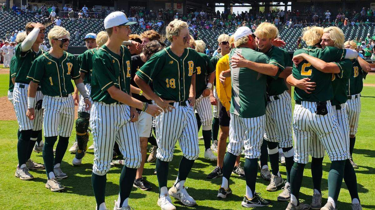 The Boyd Yellowjackets celebrate after winning the UIL Class 3A baseball championship over Wall on Saturday, June 10, 2023 at Dell Diamond in Round Rock.