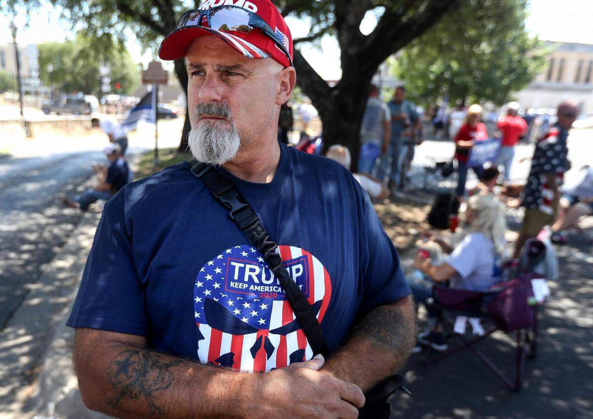 Matt Weinberg of Granbury says he traveled to Weatherford to protect his heritage and the Confederate statue on the Parker County Courthouse lawn on Saturday, August 8, 2020, in downtown Weatherford. Rumors that a protest against the statue spread on social media causing many in support of the statue to gather. “This is rural Texas. We’re not going to put up with it,” said Weinberg.