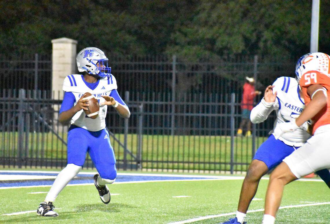 Fort Worth Eastern Hills quarterback Kenny Durst throws a pass in the second quarter of a Class 4A Division I playoff game against Celina on Friday at Pennington Field in Bedford.