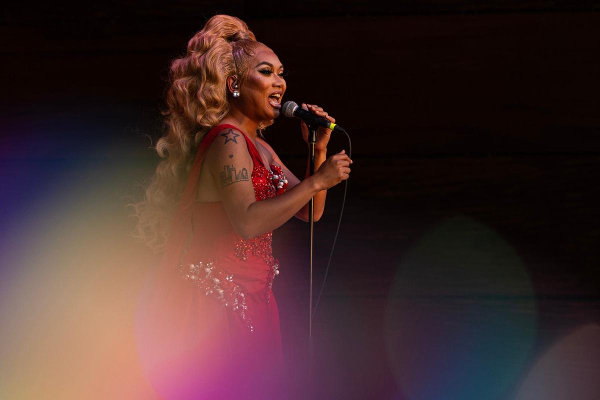 Recording artist JuJuBee performs on stage for the crowd gathered at the Arlington Pride event at Levitt Pavilion in Arlington on Saturday, June 8, 2024.