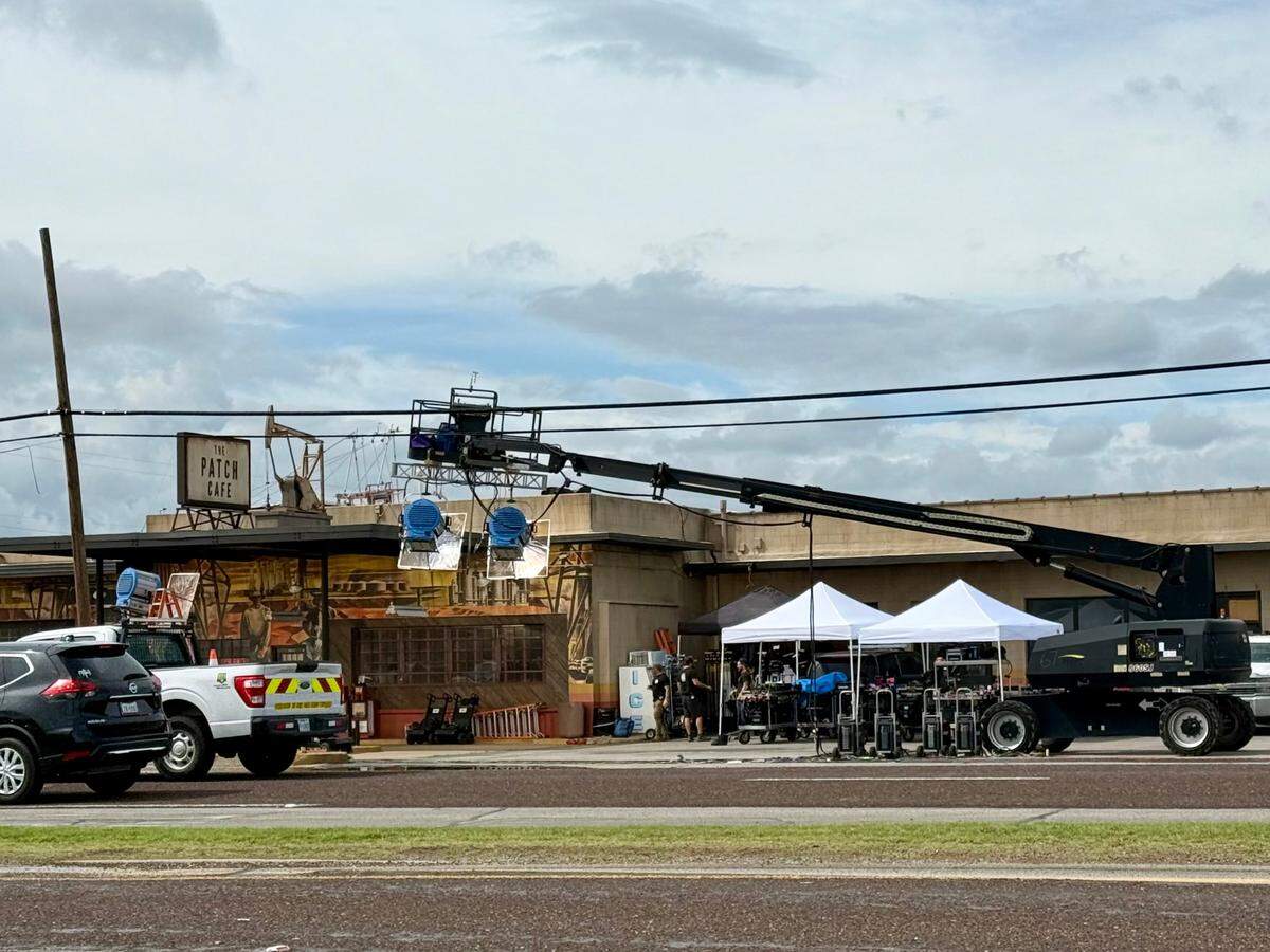 Production crews for “Landman” season 2 set up for filming at the Patch Cafe set at 9840 Camp Bowie West Blvd. on Friday, March 28, 2025.