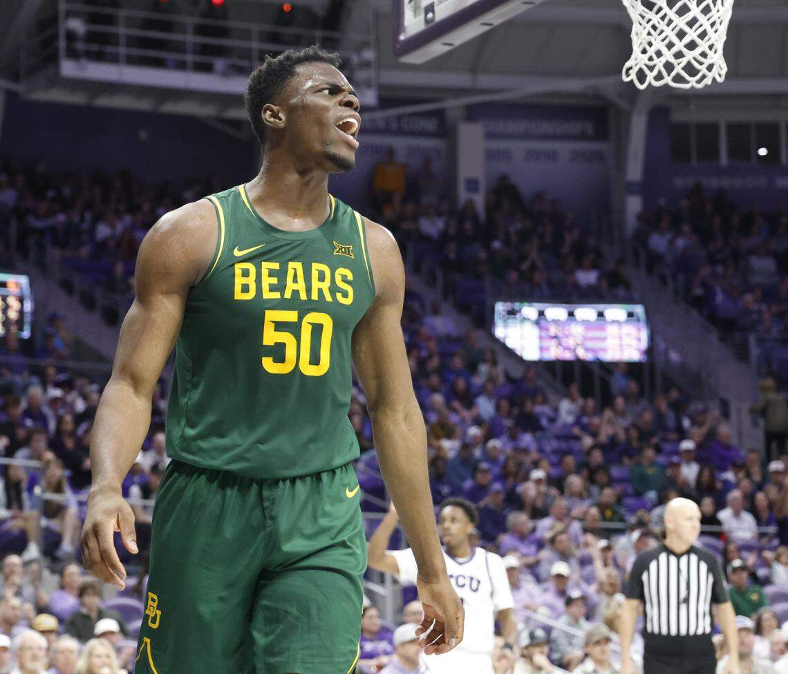 Baylor center James Nnaji (50) reacts to a call during the second half of a NCAA basketball game between Baylor University and TCU at Schollmaier Arena in Fort Worth, Texas, Saturday Jan. 03, 2026