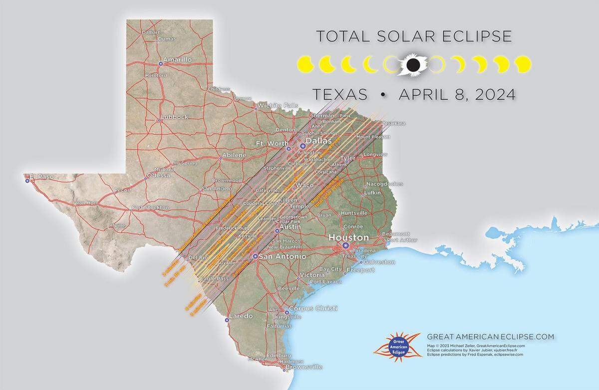 Path of totality across the state of Texas. Texas and Mexico are the places to be to witness 100% magnitude with the solar eclipse on April 8, 2024.