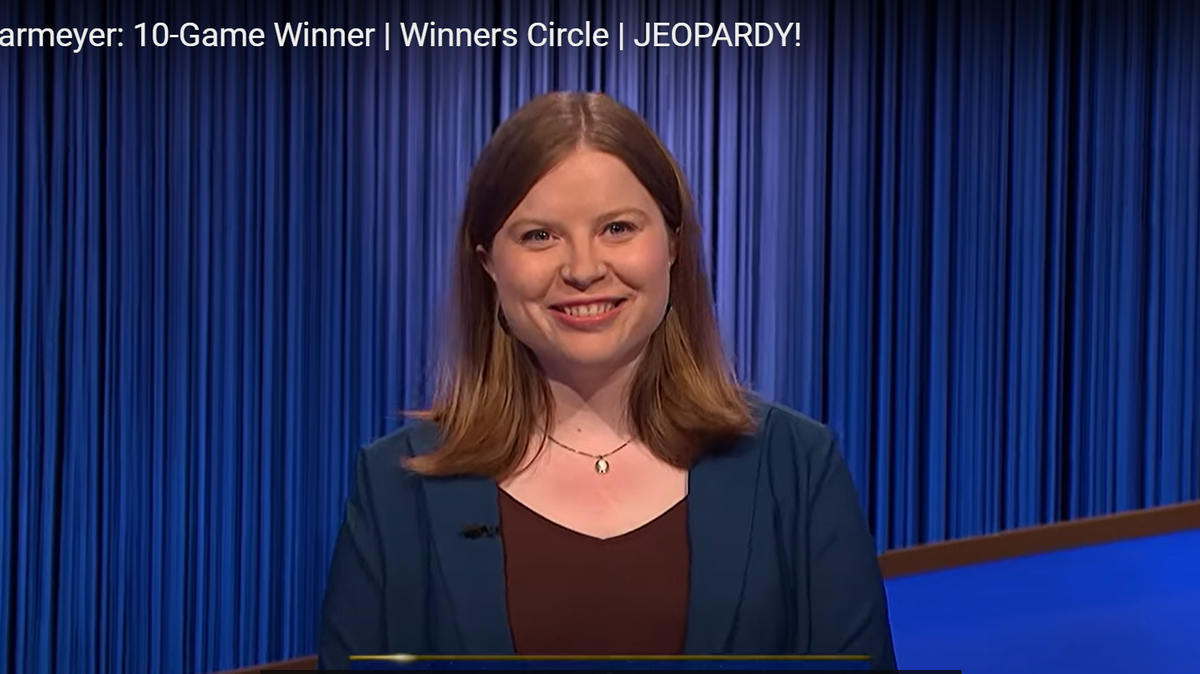 Returning super champion Adriana Harmeyer is all smiles after narrowly winning No. 14 on the popular game show.