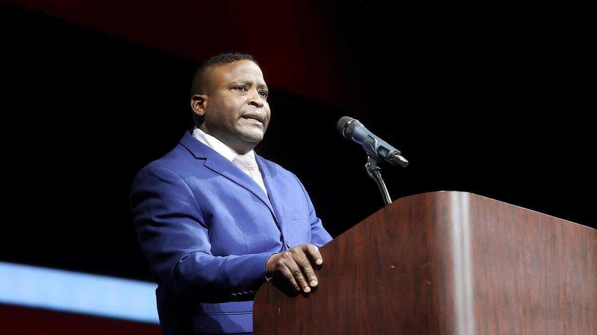 Al Jones, Arlington’s new police chief, speaks during a community event on Monday, January 25, 2021, at the Esports Stadium Arlington & Expo Center.
