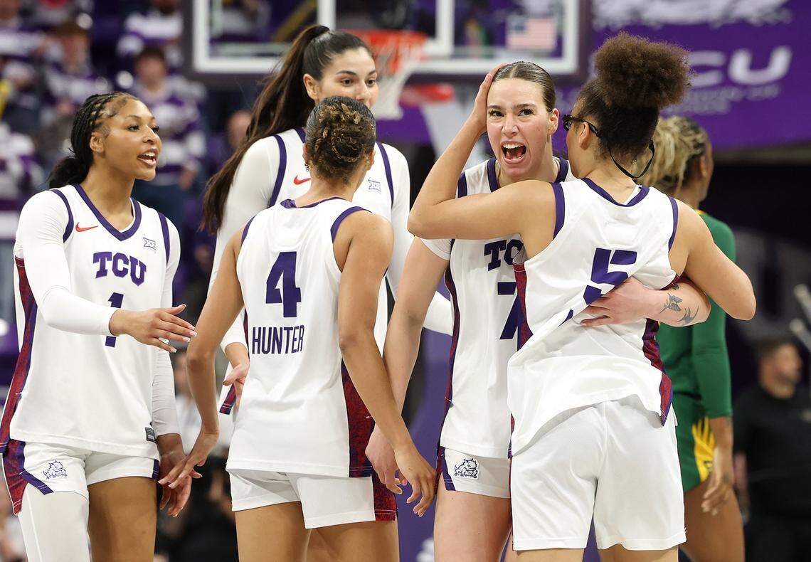 Texas Christian University forward Marta Suarez (7) celebrates a play with teammates during the third quarter against Baylor on Sunday, March 1 2026, at Schollmaier Arena in Fort Worth.