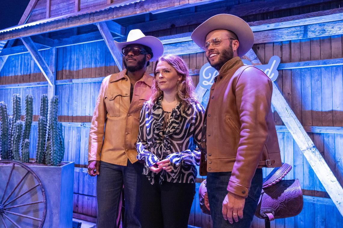 Musician Leon Bridges, left, Indie-music artist Maggie Rogers, middle, and country music artist Charlie Crockett are photographed at The Big Good’s annual charity fundraiser, “The Big Night,” at the River Ranch Stockyards in Fort Worth on Thursday, April 3, 2025.