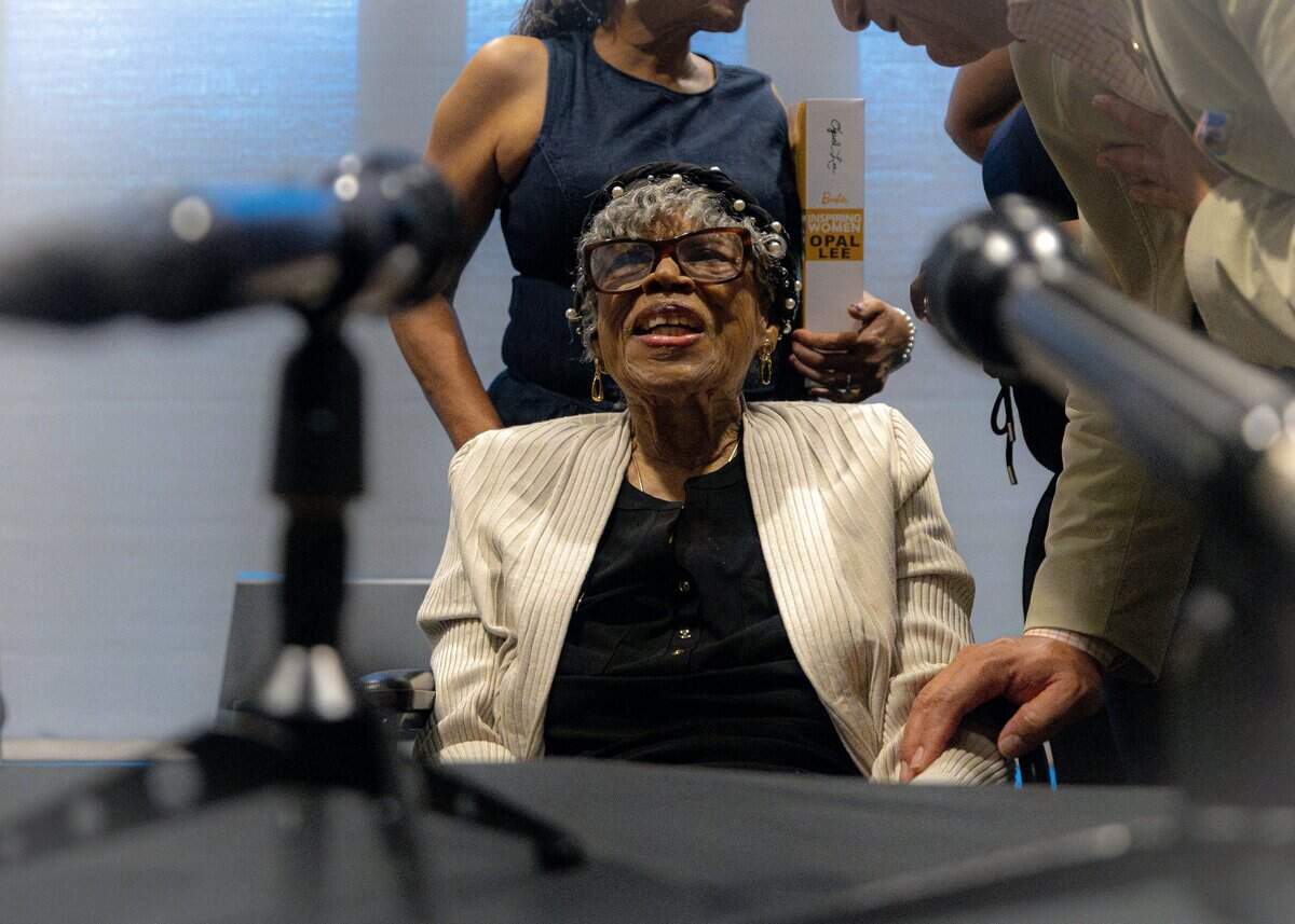 Opal Lee, civil rights activist, smiles during the Juneteenth press conference at the Bob Bolen Public Safety Complex on Thursday, June 18, 2026. Lee is known as the “Grandmother of Juneteenth.”