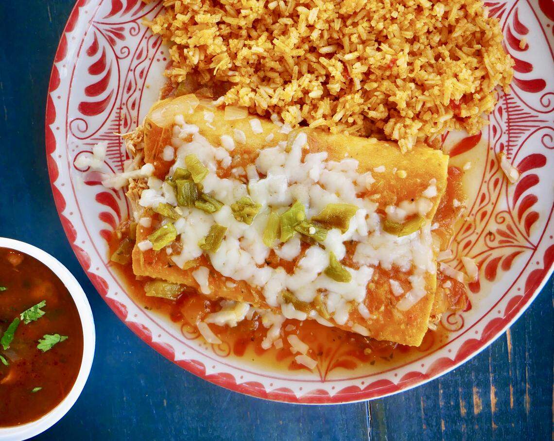 Hatch green chile chicken enchiladas at the Blue Goose Cantina chain.