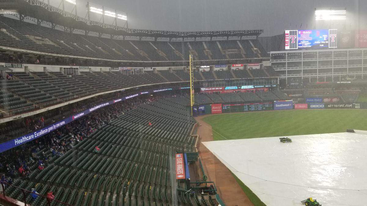 Heavy rains delayed Saturday's game between the Rangers and Mariners at Globe Life Park. The 7:05 p.m. scheduled start will be delayed at least an hour from the time the tarp is pulled from the field. The game is expected to start about 8:30 p.m.