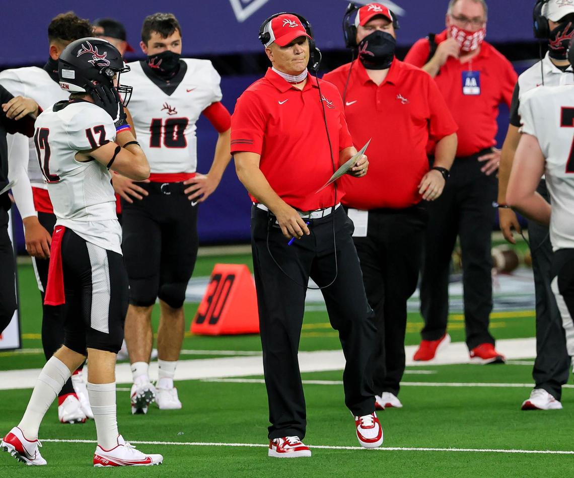 Burleson head coach Jon Kitna calls a timeout against Centennial during the first half, Thursday night, September 24, 2020 played at AT&T Stadium in Arlington, TX. (Steve Nurenberg Special to the Star-Telegram)