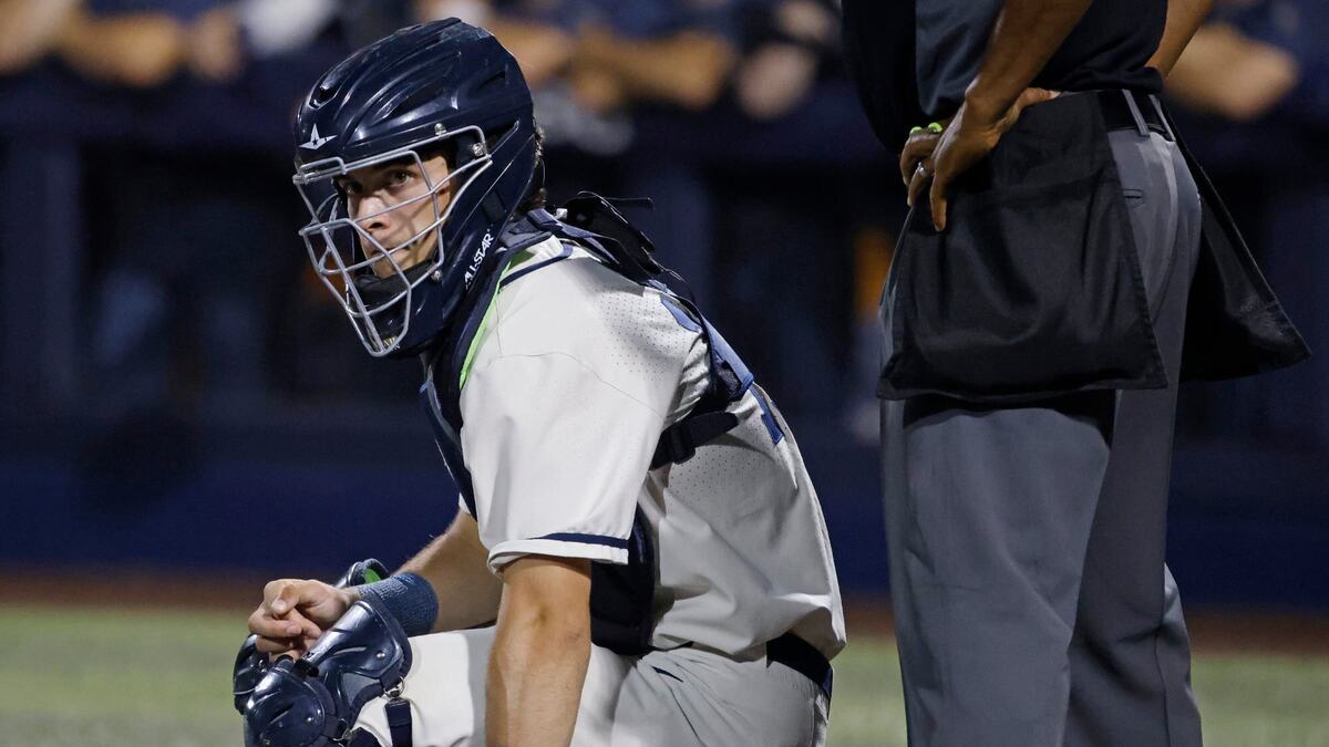 Flower Mound catcher Zane Becker (17) glances to the coach for the call during the Conference 6A Region 1 Semi-final baseball playoffs at Dallas Baptist University in Dallas, Texas, Friday May 24, 2024.