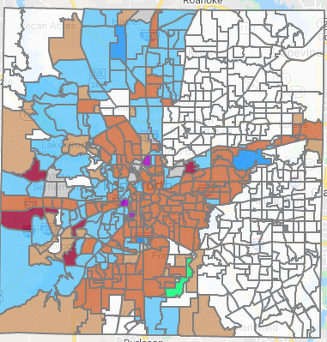 The partisan divide in Fort Worth: In the 2021 mayor’s race, Republicans Mattie Parker (blue) and Brian Byrd (red) won north and west Fort Worth. Democrat Deborah Peoples (orange) won the south and east sides.