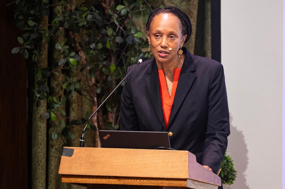 Keynote speaker Kimberly Jenkins Robinson speaks to the event attendees during the ‘Is Reading a Civil Right?’ panel discussion event at the Fort Worth Botanic Garden on Tuesday, Oct. 8, 2024.