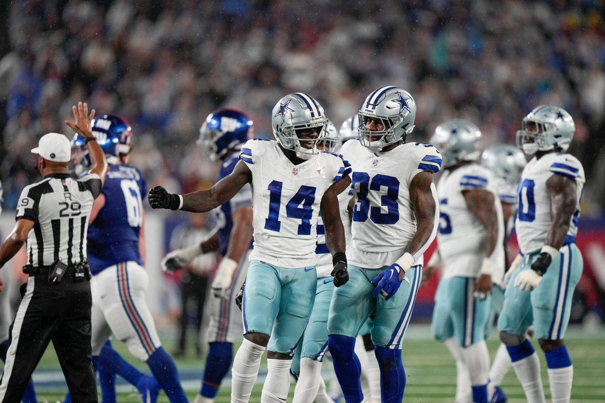 Dallas Cowboys Markquese Bell (14) reacts during the first half of an NFL football game against the New York Giants, Sunday, Sept. 10, 2023, in East Rutherford, N.J. (AP Photo/Bryan Woolston)