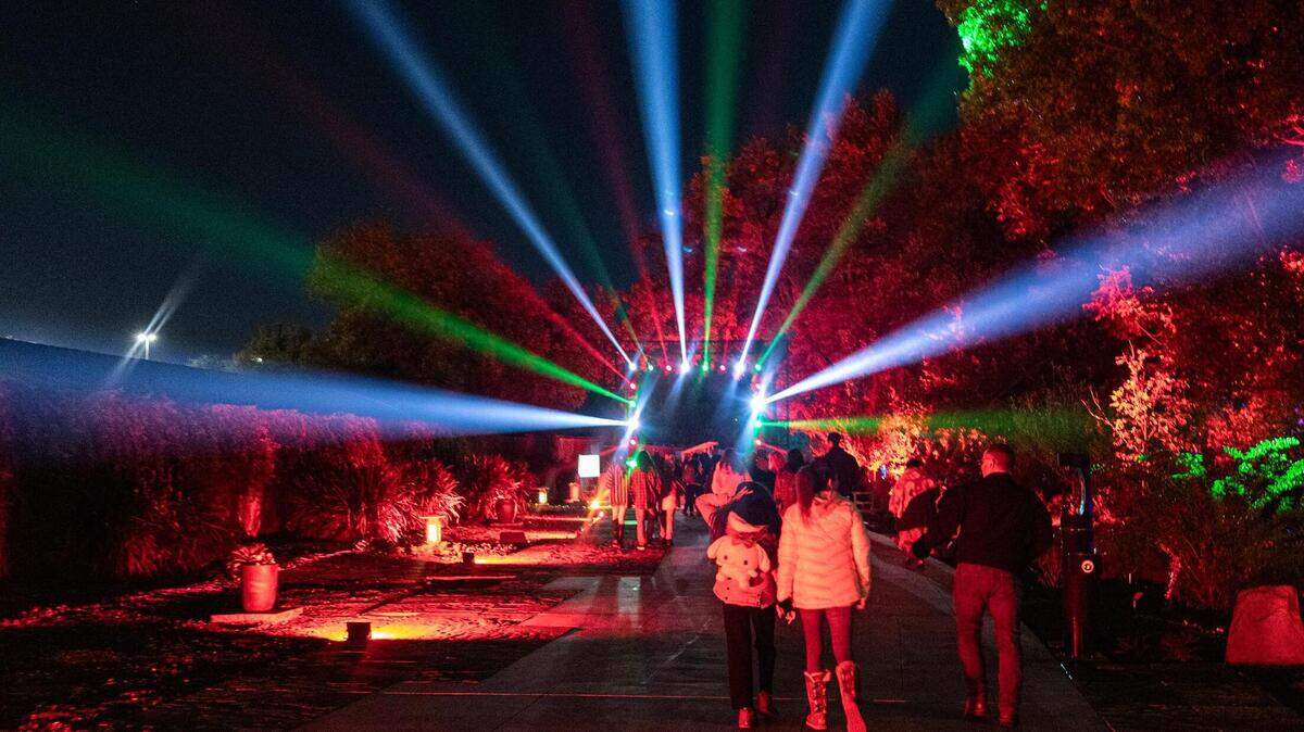Guest walk through the ‘Arch of Light’ display during the Lightscape 2023 event at the Fort Worth Botanic Gardens on Friday, Nov. 24, 2023.