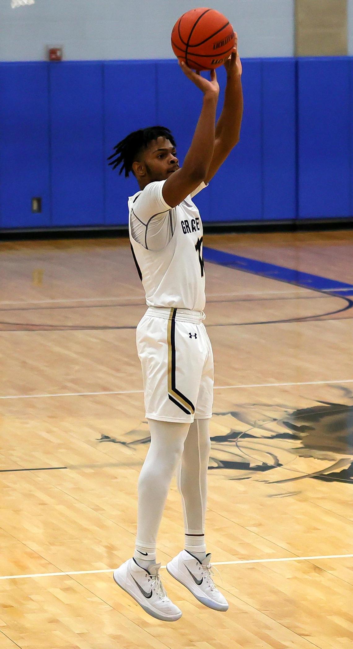 Arlington Grace Prep guard Justin McNelkan leads his team with 20 points and a victory over Colleyville Covenant, 74-66 in a TAPPS 4A Regional Round Boys Basketball playoff game played on March 6, 2021 at Brewer High School in Fort Worth TX. (Steve Nurenberg Special to the Star-Telegram)