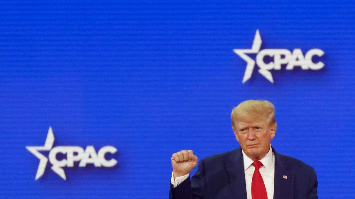 Former President Donald Trump reacts as he leaves after delivering the final remarks during Conservative Political Action Conference (CPAC) at the Hilton Anatole in Dallas on Saturday.