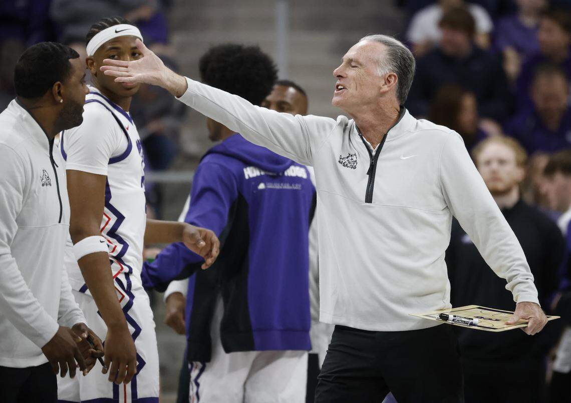 TCU head coach Jamie Dixon reacts during the first half of a NCAA basketball game between Baylor University and TCU at Schollmaier Arena in Fort Worth, Texas, Saturday Jan. 03, 2026