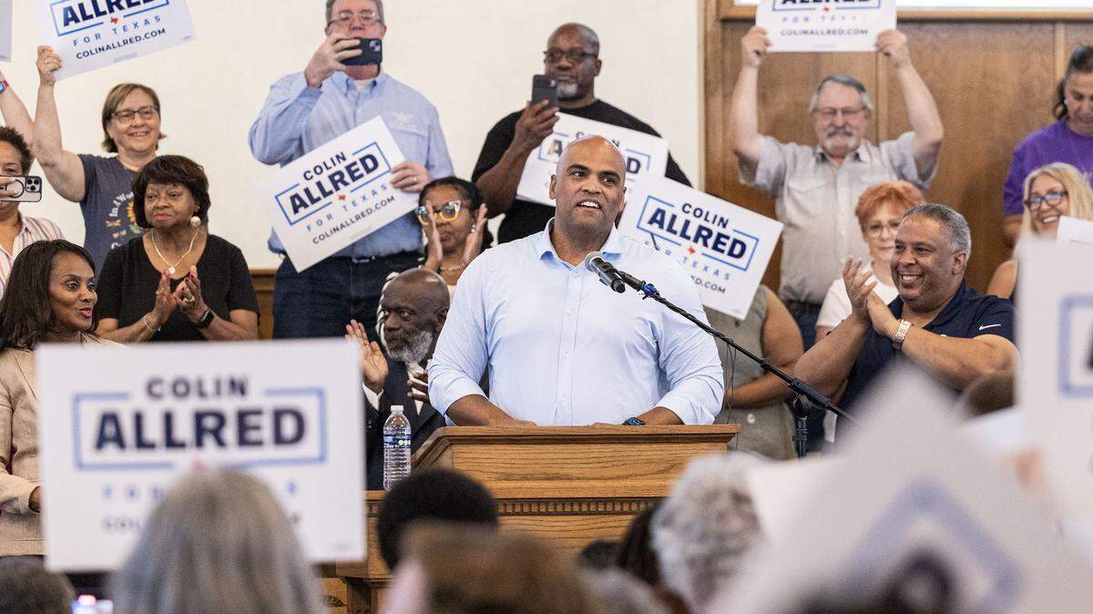 U.S. Rep. Colin Allred, D-Texas, speaks on stage during the “Build The Backlash” rally at greater St. Stephen First Church in Fort Worth on Wednesday, Aug. 6, 2024. The rally called out the efforts of Texas republicans to gerrymander the state and silence Black voters.