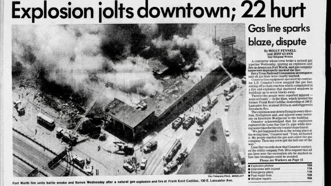 On March 12, 1986, the former Frank Kent Cadillac dealership at Main Street and East Lancaster Avenue exploded when workers struck a gas line. The lot remains vacant.