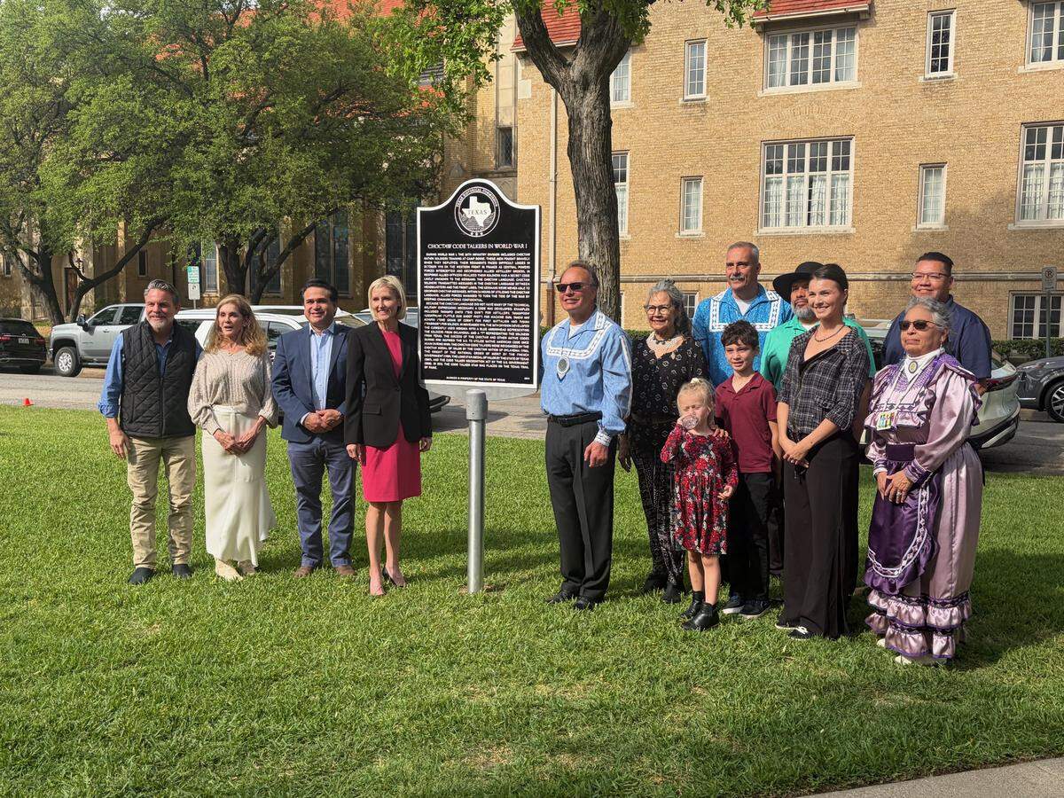 The unveiling of a Texas Historical Marker happened Wednesday morning at Veterans Memorial Park to pay tribute to the first Native American code talkers to serve in the U.S. military. To the right of the sign is Gary Batton, chief of the Choctaw Nation of Oklahoma.
