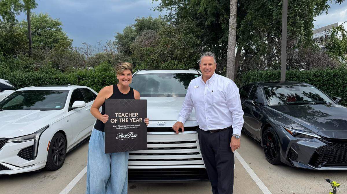 Britt McDougal, Timberline Elementary School P.E. teacher and GCISD’s Elementary Teacher of the Year and Pete Bagrow General Sales Manager Park Place Lexus Grapevine.