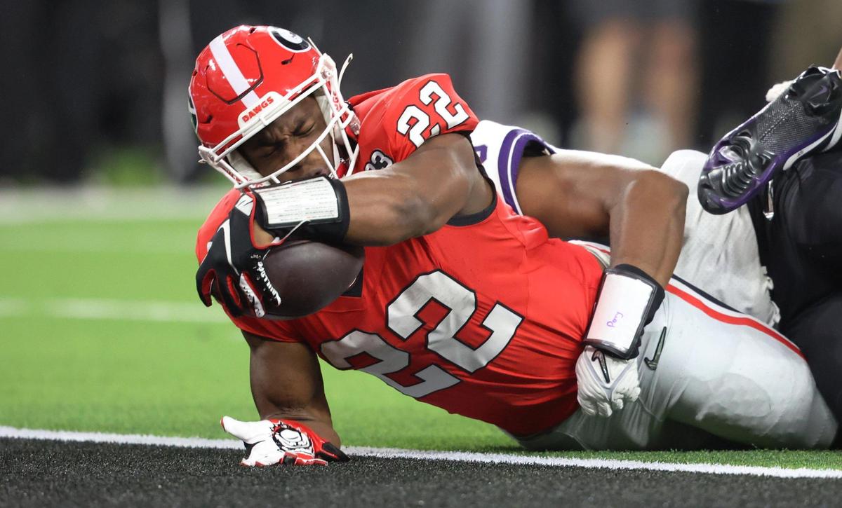Georgia Bulldogs running back Branson Robinson scores against TCU on a 1-yard run in the fourth quarter during the College Football Playoff National Championship on Monday, Jan. 9, 2023, at SoFi Stadium in Inglewood, Calif.