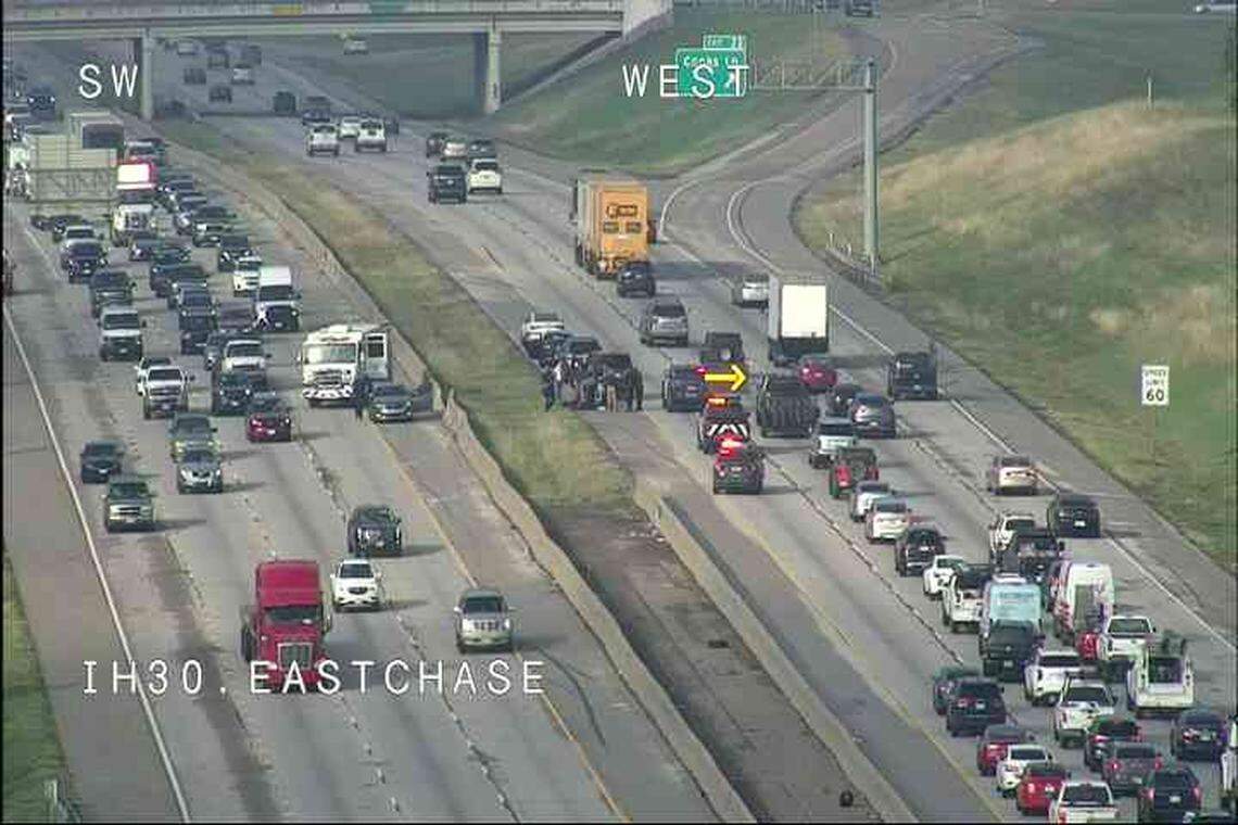 Traffic was backed up on Interstate 30 in Fort Worth on Tuesday morning, Nov. 8, 2022, after a man was shot on the highway.