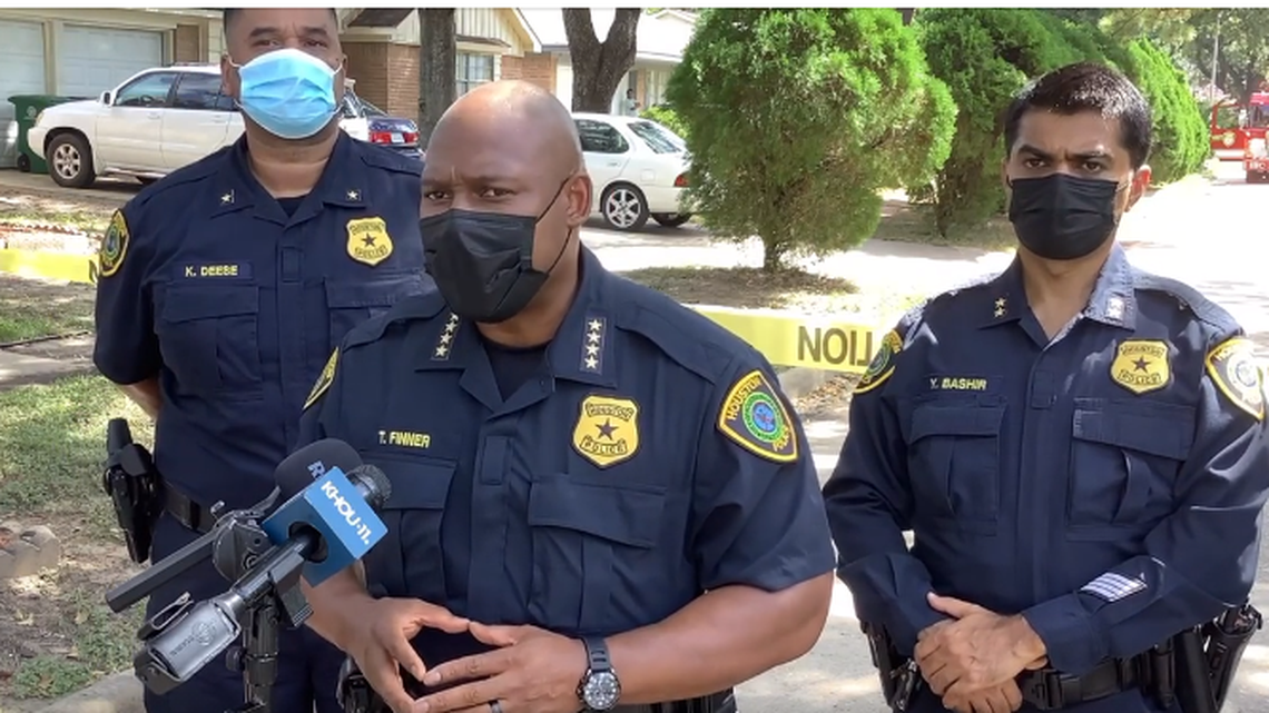 Police in Houston, Texas are investigating after firefighters found four people dead with bullet wounds inside a burning home, police chief Troy Finner (middle) said on Sunday.