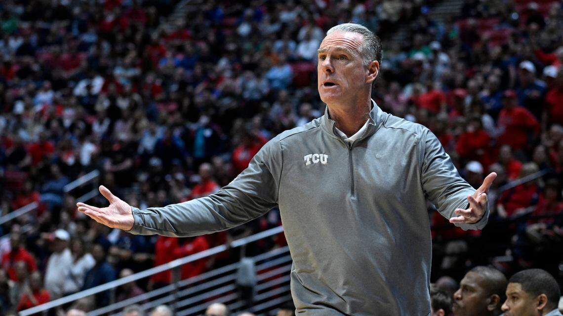 TCU head coach Jamie Dixon reacts on the sideline during the second half of a second-round NCAA college basketball tournament game against Arizona, Sunday, March 20, 2022, in San Diego. (AP Photo/Denis Poroy)