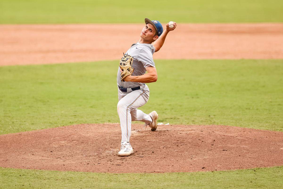 Brock pitcher Weston Pickard (11) attempts to throw a pitch against Robinson in the UIL Class 4A Division II baseball state championship game on Friday, June 5, 2026, at Dell Diamond in Round Rock, Texas.
