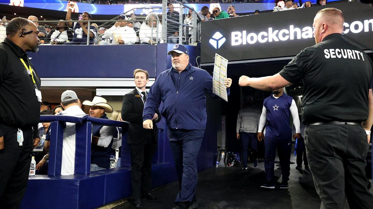 Dallas Cowboys head coach Mike McCarthy takes the field for the start of the game against the Philadelphia Eagles on Sunday, December 10, 2023, at AT&T Stadium in Arlington. McCarthy was diagnosed with acute appendicitis and being rushed to emergence surgery Wednesday.