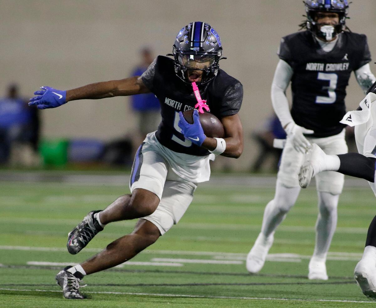 North Crowley’s Daniel Bray finds a hole during a UIL football game at Crowley ISD Multi Purpose Stadium on Friday , October 18, 2024.