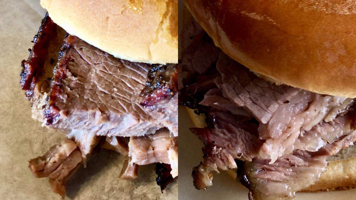 The Jambo’s BBQ Shack in Pantego, left, had better brisket and pickles but the Jambo’s in Arlington, right, had better buns and also better pork ribs.