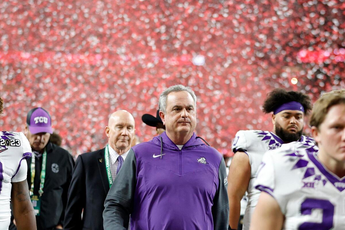 TCU head coach Sonny Dykes heads to the locker room after Georgia defeated the team in the College Football Playoff National Championship on Monday, Jan. 9, 2023, at SoFi Stadium in Inglewood, Calif. The Bulldogs beat the Horned Frogs, 65-7.