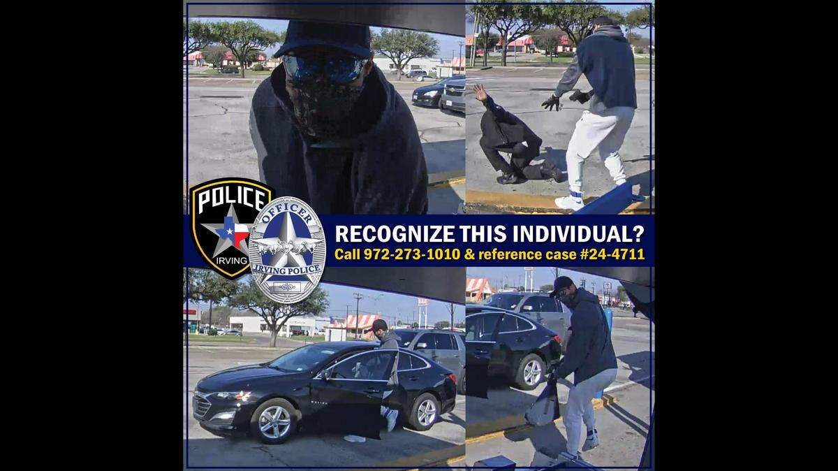 A man who robbed a Brinks security guard at gunpoint pulled the guard’s pants off to prevent him from fighting back, Irving police said Friday, March 1, 2024. Police released images to try to identify the suspect.