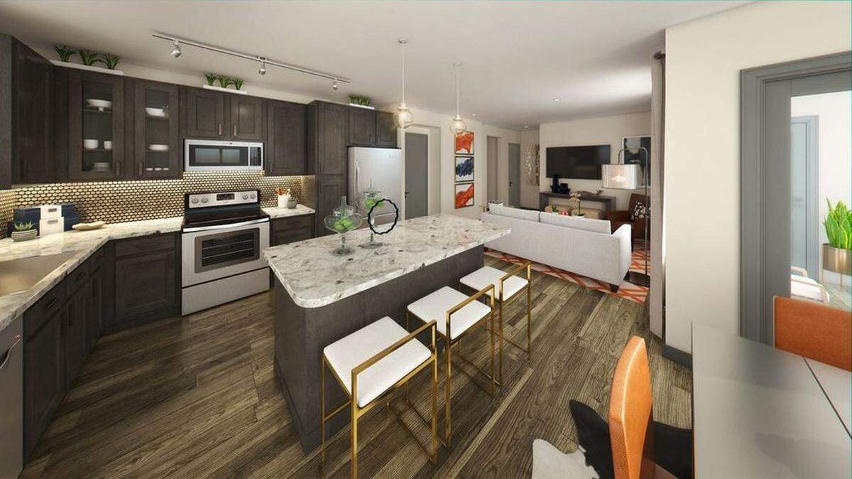 All units in Elan Crockett Row include granite countertops, French door refrigerators and in-unit wine coolers.