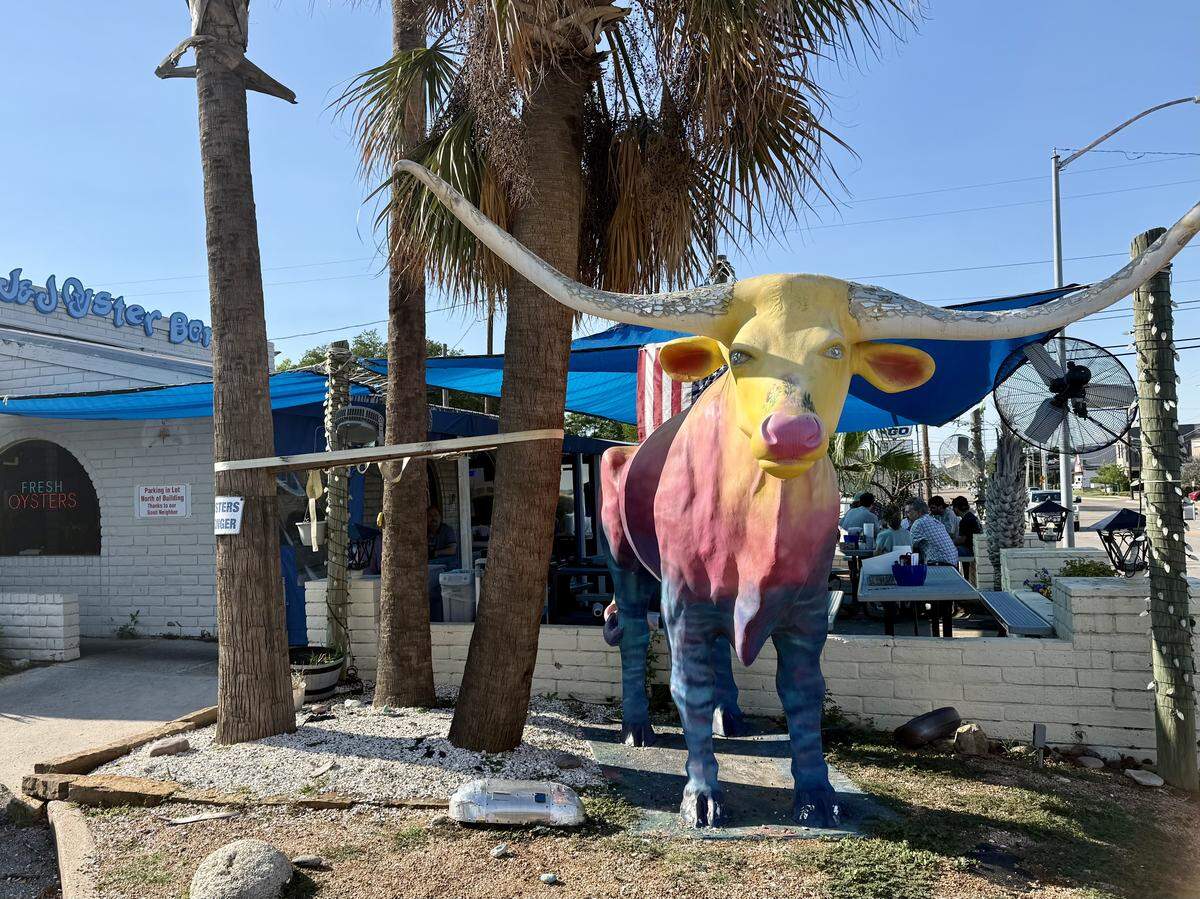 The giant bull statue in front of J&J Oysrer Bar, seen May 23, 2026, will move to Fred’s Texas Cafe.