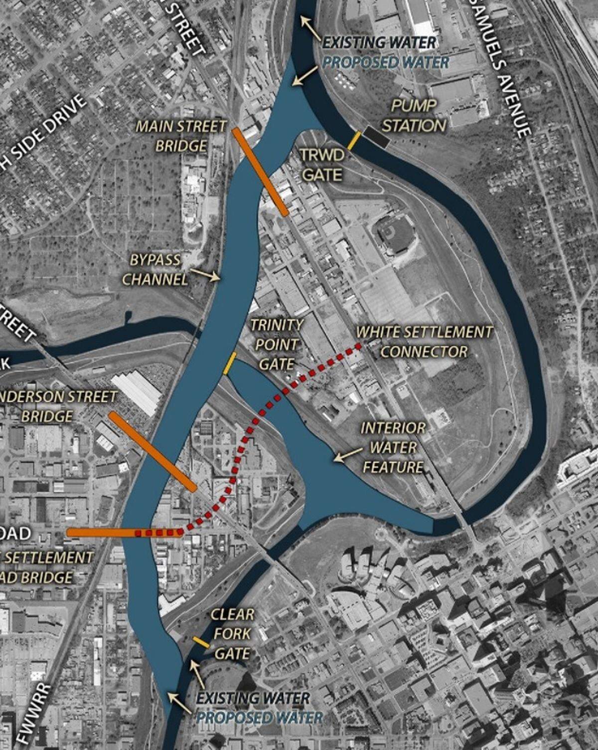 This map shows the route of the bypass channel that would create Panther Island, just north of downtown Fort Worth.