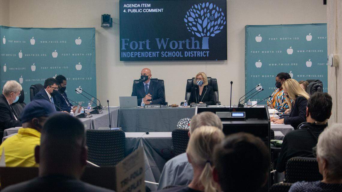 The Fort Worth school board holds a meeting on Sept. 14, 2021. The board is set to approve a special election Tuesday to fill the seat left vacant by the death of trustee Daphne Brookins.