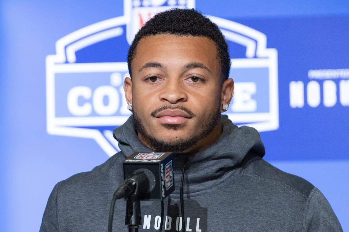 Mar 4, 2023; Indianapolis, IN, USA; Kansas State running back Deuce Vaughn (RB27) speaks to the press at the NFL Combine at Lucas Oil Stadium. 