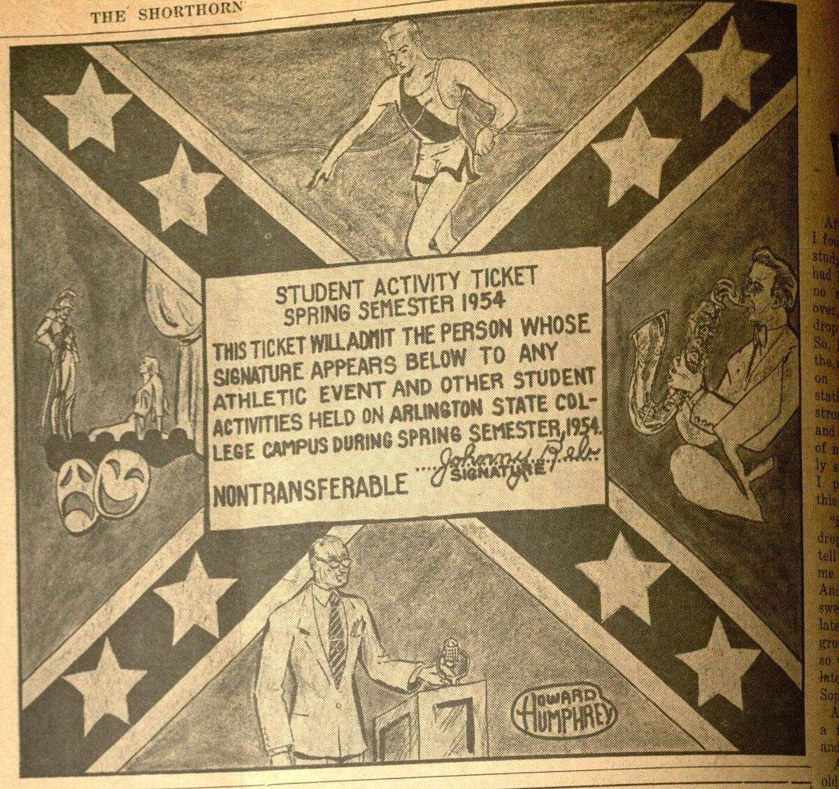 During E.H. Hereford’s tenure at UT Arlington he allowed Black minstrel shows to perform, oversaw the change of the school mascot to the Rebels, and the Confederate battle was flew all around campus.
