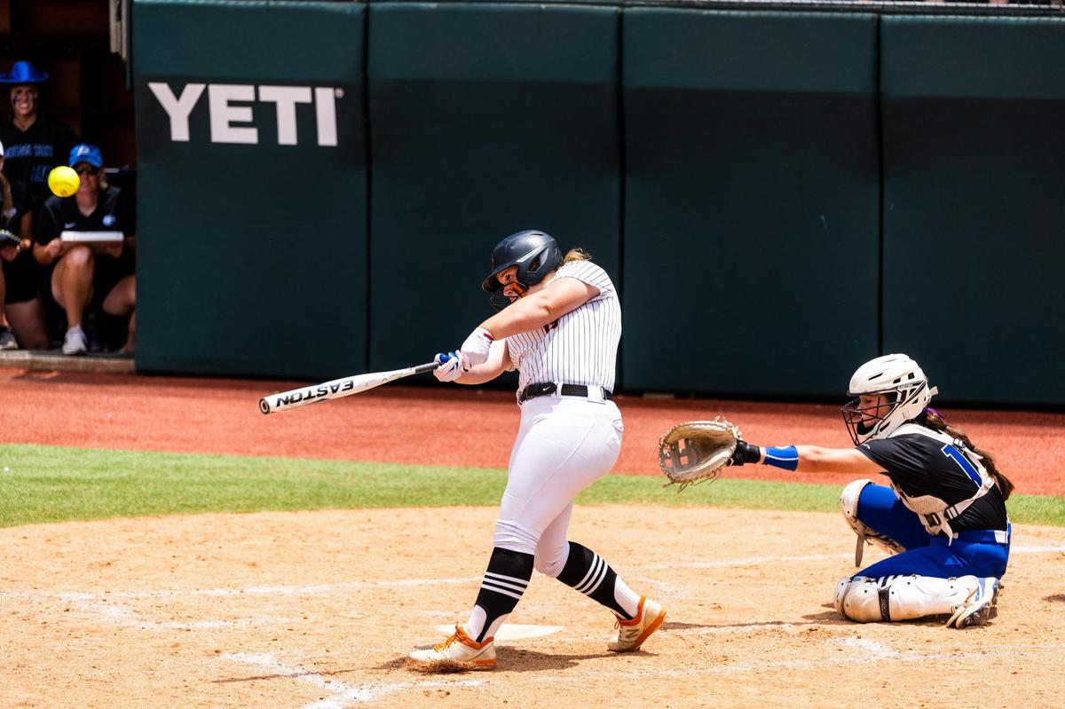 Texas Ray hits the ball during the 5A UIL State Softball semifinal between Aledo and Georgetown in Austin Texas, on June 3rd, 2021.
